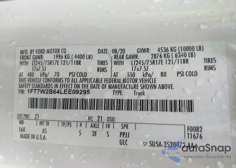 2020 Ford F-250 Xl z USA, uszkodzony, nr VIN 1FT7W2B64LEE09295